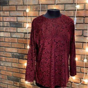 Kathie Lea Red Velvet Like Sheer Blouse Long Sleev